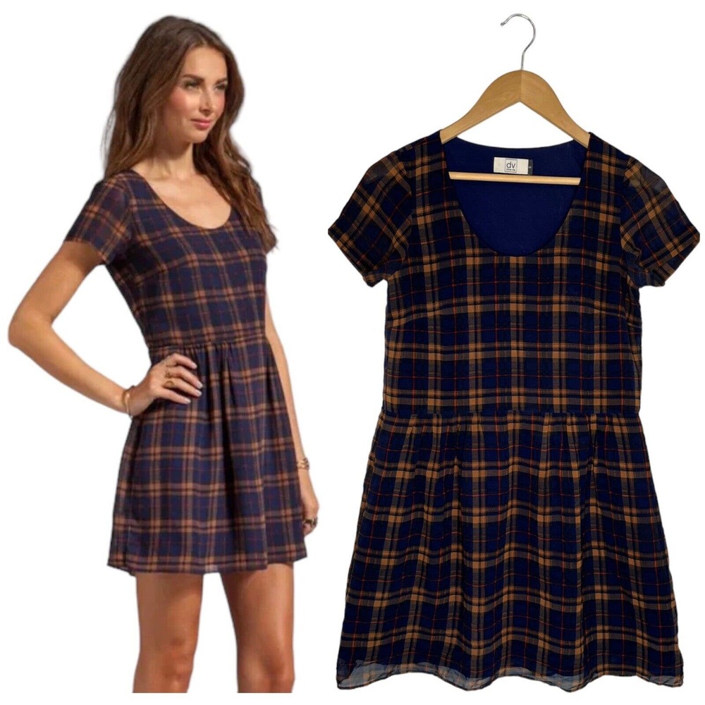DV By Dolce Vita Womens XS Adelaide Plaid Chiffon Scoop Neck Lined Dress Blue